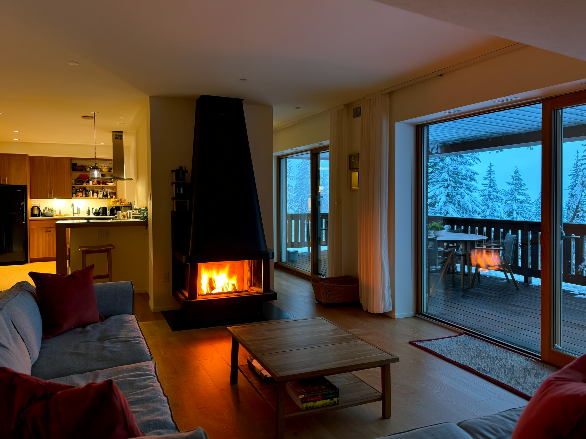A condo living room at dusk, gas fireplace lit, the kitchen behind it and a snowy balcony through the glass doors