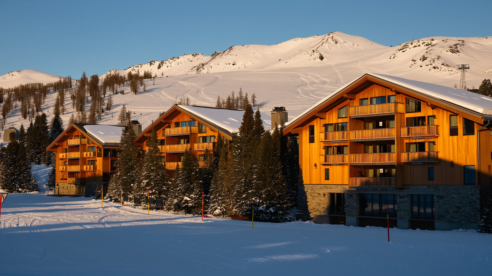 Timber-clad lodge buildings catching the last low sun, with a snow-covered ridge rising behind them