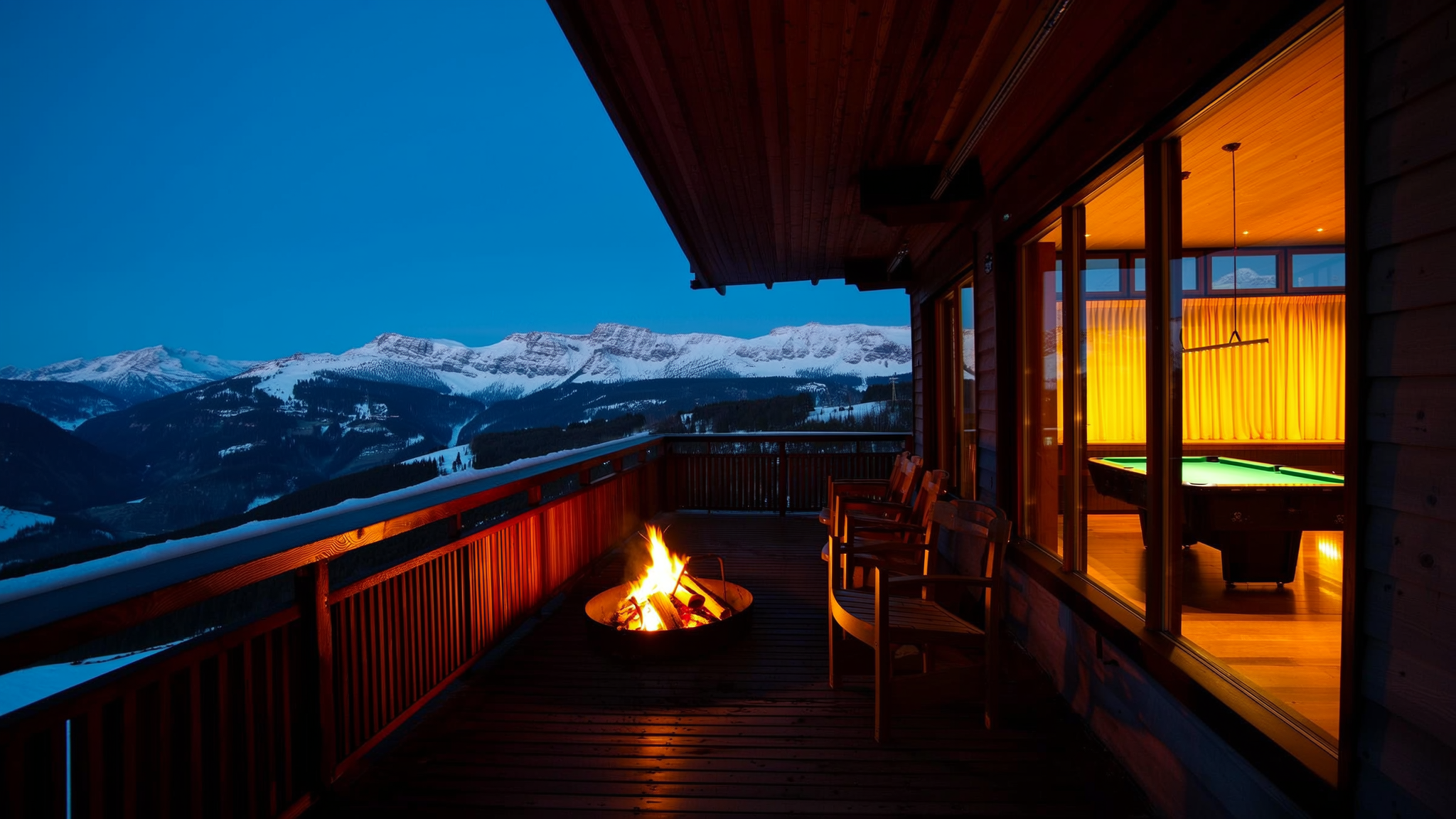 The lounge balcony after sunset, a fire pit burning between deck chairs and the pool table lit behind the glass