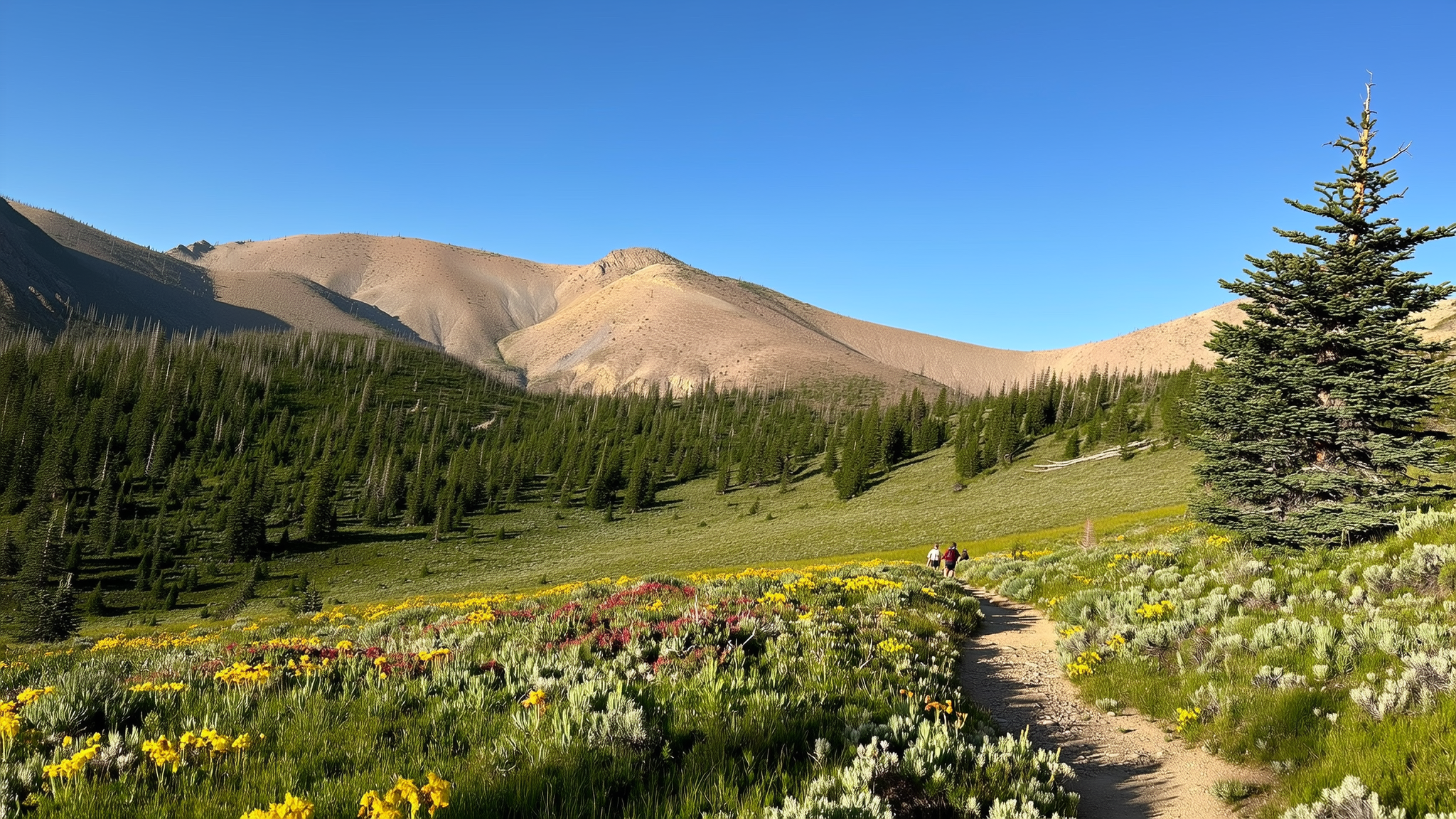 A trail winding through wildflowers and sagebrush towards a bare high ridge, pines on the slopes below